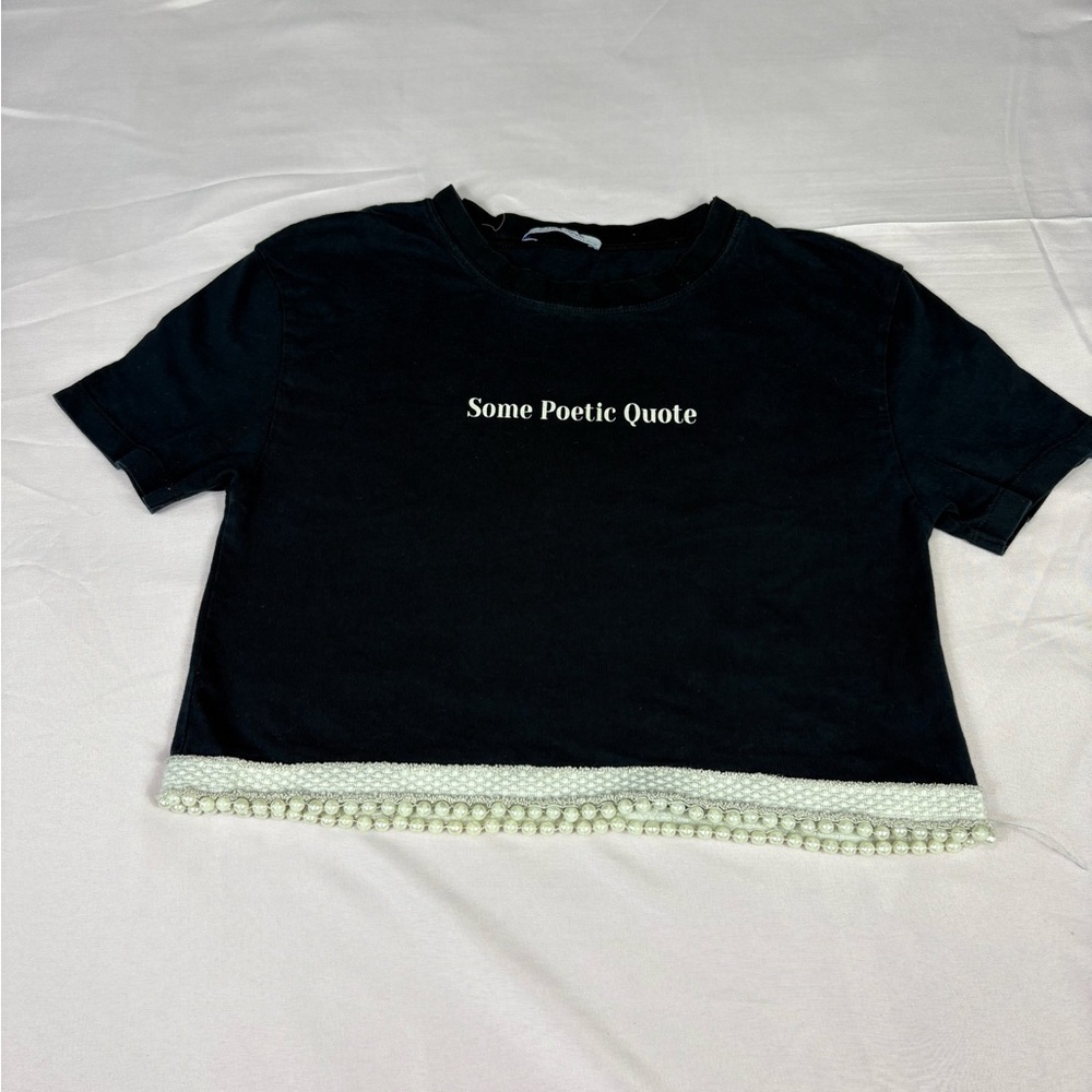 Black Cropped T-Shirt with Beaded Hem